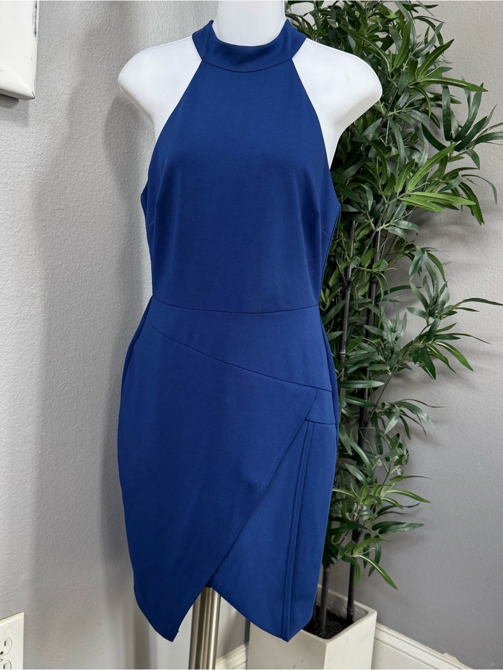 Adelyn Rae Sleeveless Halter Navy Blue Sheath Dress